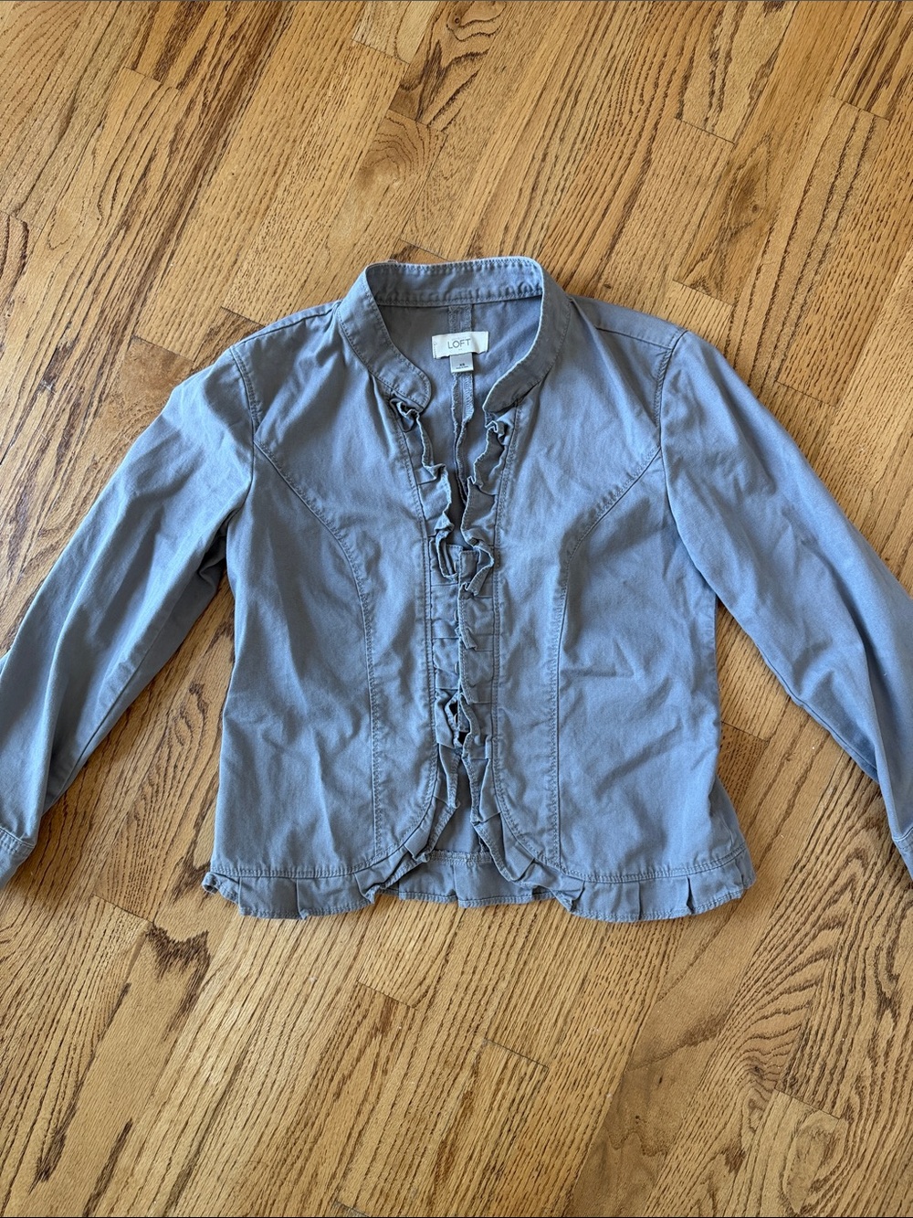 LOFT Pale Gray Ruffle Front Jacket
